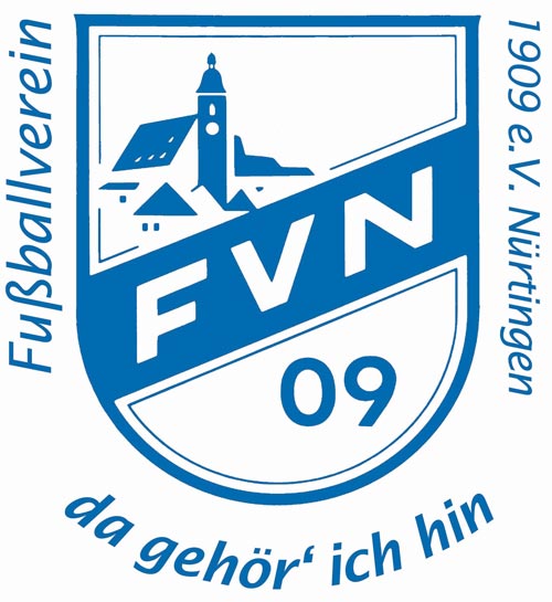 Blaues Wappen mit FVN 09 und Kirche sowie Vereinsname am Rand