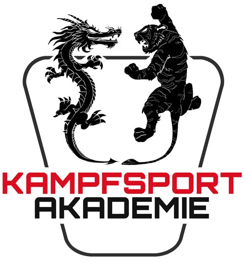 Schwarzes Logo mit kämpfendem Drachen und Panther, rote Schrift Kampfsportakademie
